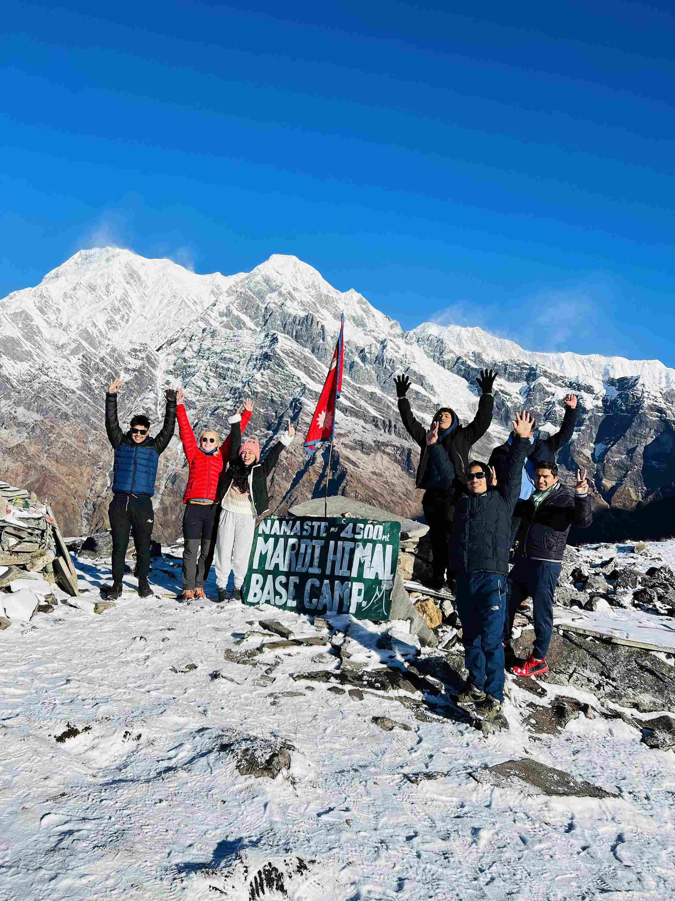 Group photo at Mardi Himal Base Camp with Annapurna in the background